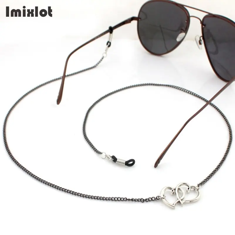 

Fashion Double Heart Charm Sunglasses Chains & Lanyard Strap Necklace Black Metal Eyeglass Glasses Chain Cord For Reading
