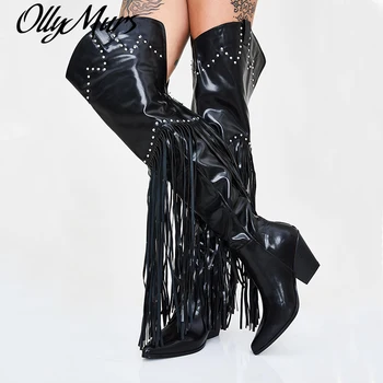 

Slip on Women Boots Fringe Women Shoes Leather Bota Feminina Over Knee Botas Mujer Crystal Ladies Shoes Show Shoes Long Boots