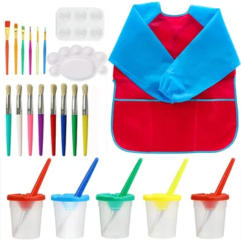 

Kid's Paint Supply Art Set, Paint Cups, Paint Brush Tool Brushes, Kids Art Smocks and Paint Palettes 22 Pack