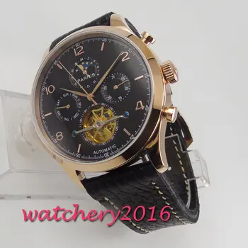 

43MM PARNIS Black dial Rose Golden Moon Phase Date leather ST Automatic Movement mens Watch