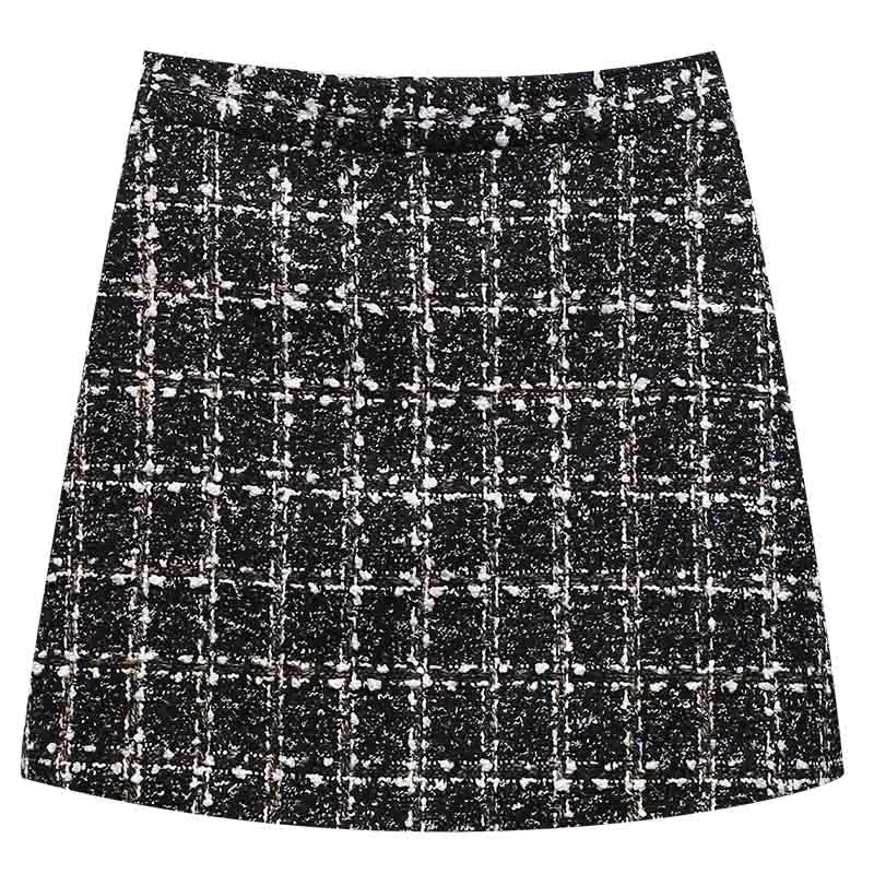 Черная твидовая юбка для женщин с высокой талией, осенние мини юбки для женщин, большой размер, тюль, модная повседневная Клетчатая Шерстяная трапециевидная юбка 4XL