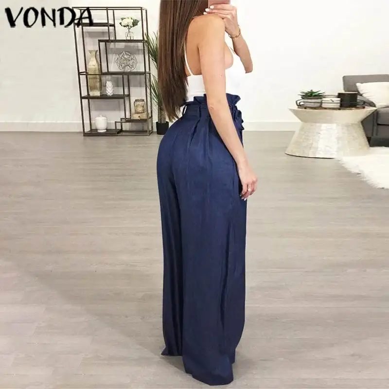 Женские брюки для офиса, женские брюки, VONDA, осень, элегантные брюки с поясом, длинные широкие брюки, Pantalon, женские брюки размера плюс