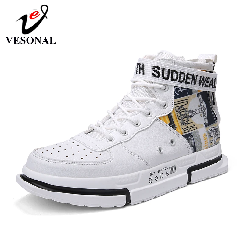 VESONAL 2020 Spring Hip Hop High Top Print lightweight Leather Sneakers Men Shoes Casual Rock Breathable Male Footwear street | Обувь