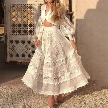 

Two Piece Sets Women Dress 2020 White Sexy Lace Elegant Maxi Dress Women Tops And Skirts Long Sleeve Party Vestidos Bohemian