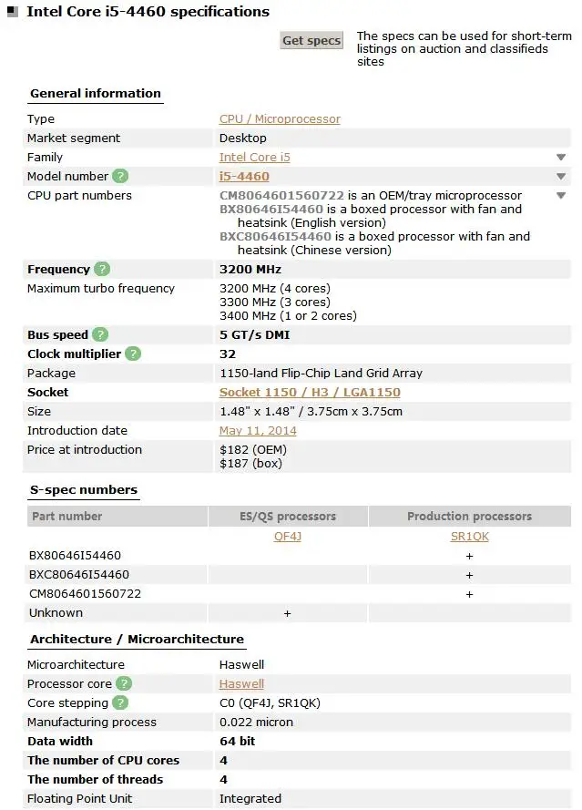 ПК компьютер процессор Intel Core I5 4460 I5-4460 LGA 1150 84 Вт 22 нанометра рабочий настольный процессор