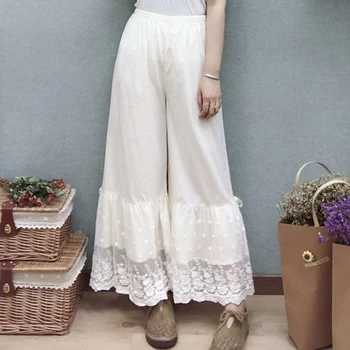 

Autumn Mori Girl Lace Cotton Loose Pants Women Solid Wide Legged Pants Floral Embroidery Female Vestido Ankle Length Pants Z033