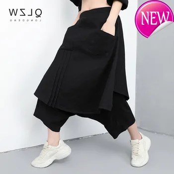

Black Women Spring Fake Two Pieces Pant Elastic Waist Loose Plus Size Ankle-length Female Cross-pants 2020 Fashion New