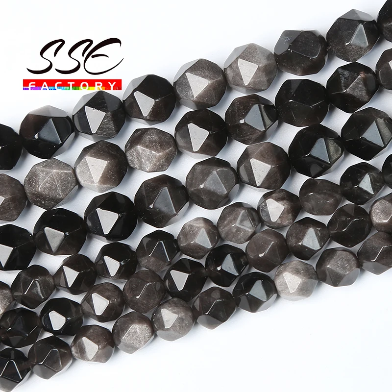 

Faceted Silver Color Obsidian Beads Natural Stone Loose Beads For Jewelry Making DIY Bracelets Earring Accessories 6 8 10mm 15"