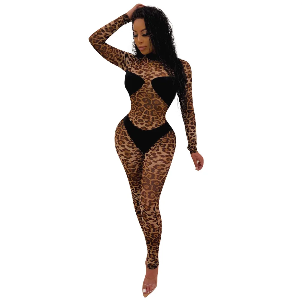 Женские Длинные рукава Новинка осени леопардовая расцветка Сращивание bodycon Облегающий комбинезон для ночного клуба вечерние сексуальные комбинезон для игр