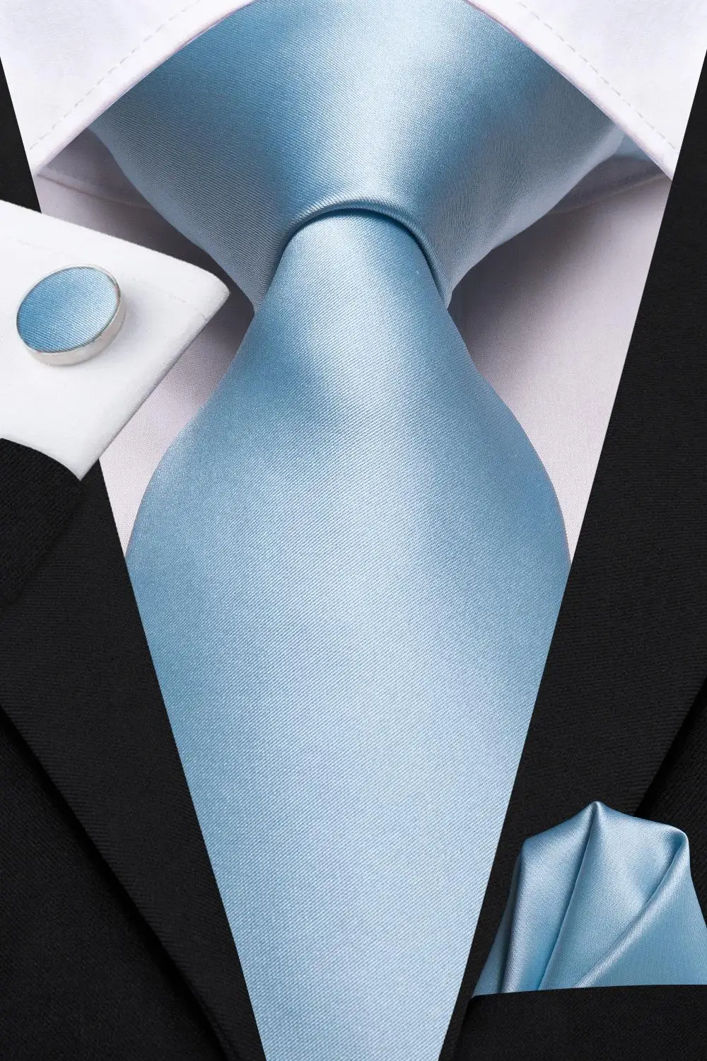 Hellblaue, einfarbige Hochzeitskrawatte für Herren, modische Einstecktücher, Manschettenknöpfe, elegante Herrenkrawatte in Salbeigrün, Flieder, Rosa, Gelb, Business-Seidenkrawatte für Partys – Detail 6
