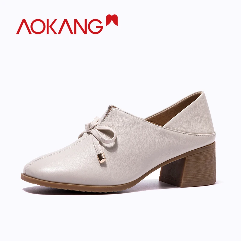 

AOKANG High Heels Women Pumps Square Toe Butterfly Knot Footwear Soft Genuine Leather slip on Ladies Shoes Fashion Mules Shoes