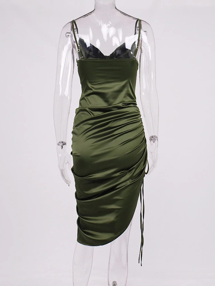 NewAsia Ruched Satin Summer Dress Drawstring Spaghetti Straps Cowl Neck Backless Long Dresses for Women Party Sexy Vestidos 2020
