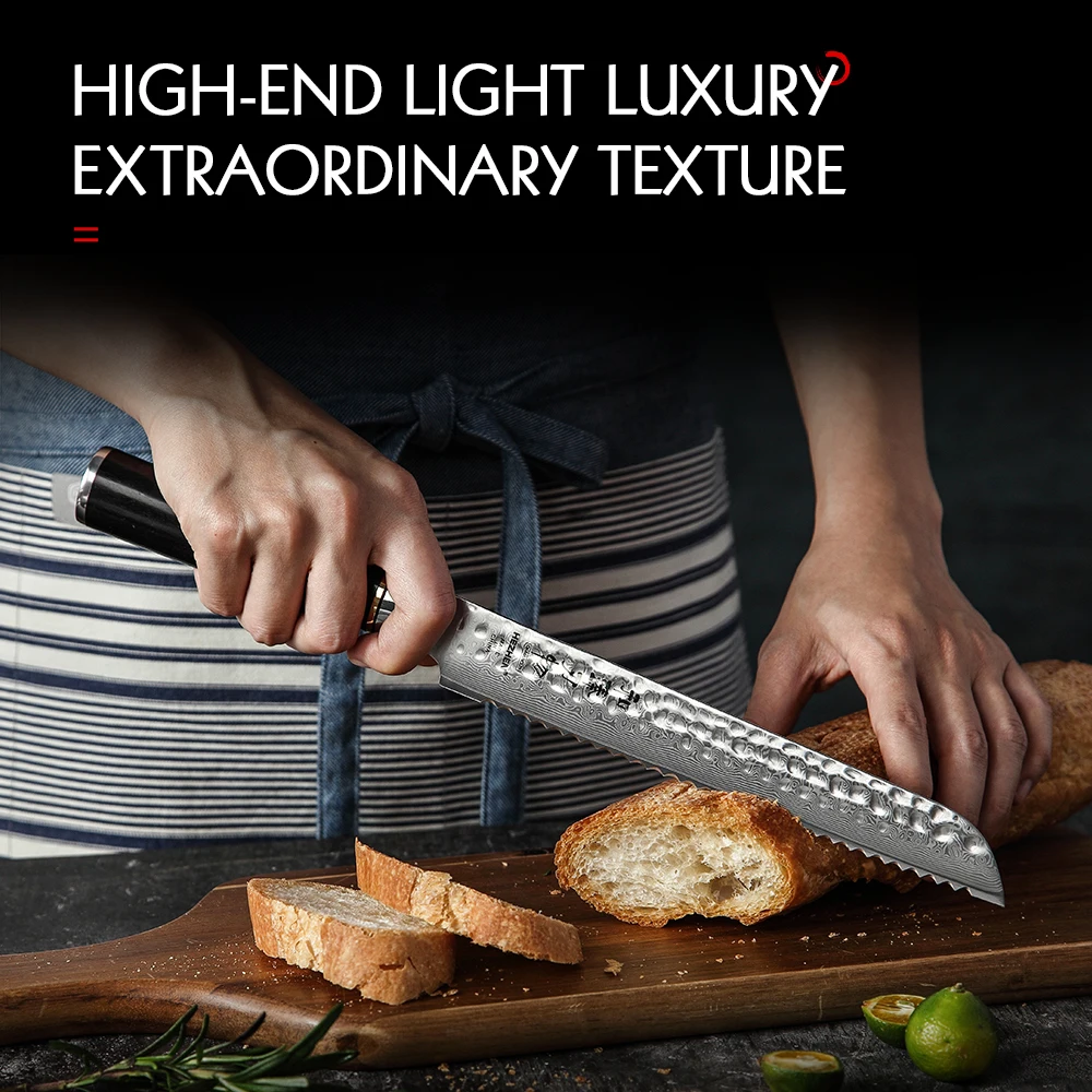 HEZHEN 8inch Bread Knife Damascus Steel Serratd Blade Toast Slicing Kitchen Knives Cut Cake Service Slicer Cheese Cook Knife