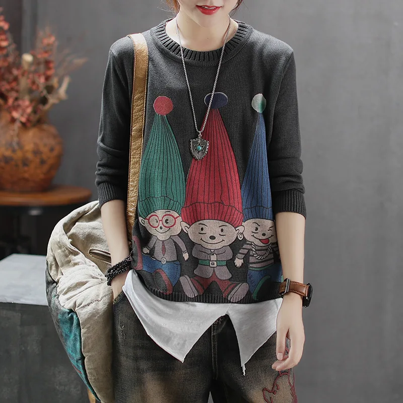 

Autumn Winter Sweater Women Retro Knitting Pullovers 2019 New Female Tops O-Neck Long-sleeved Print Loose Casual Sweater