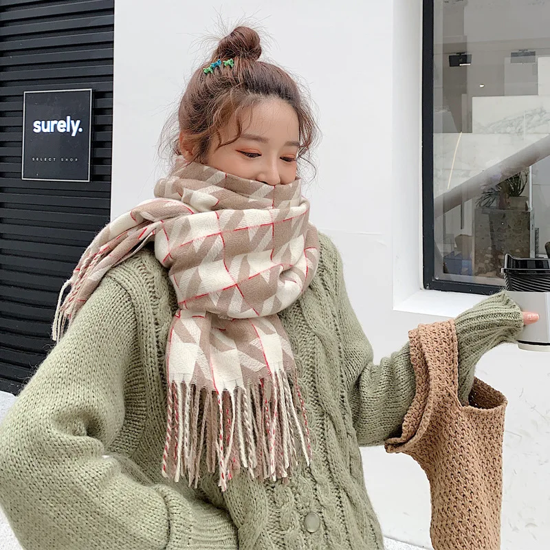 

Winter 2019 New Woman Scarf Imitated Cashmere,Three-dimensional insertion wind thousand bird lattice Long-style warm lady Scarf