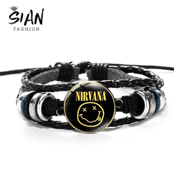 

SIAN Pop Rock Band Smile Nirvana Bracelet Logo Print Badge Glass Gems Woven Leather Casual Bracelets for Music Lovers Band Fans