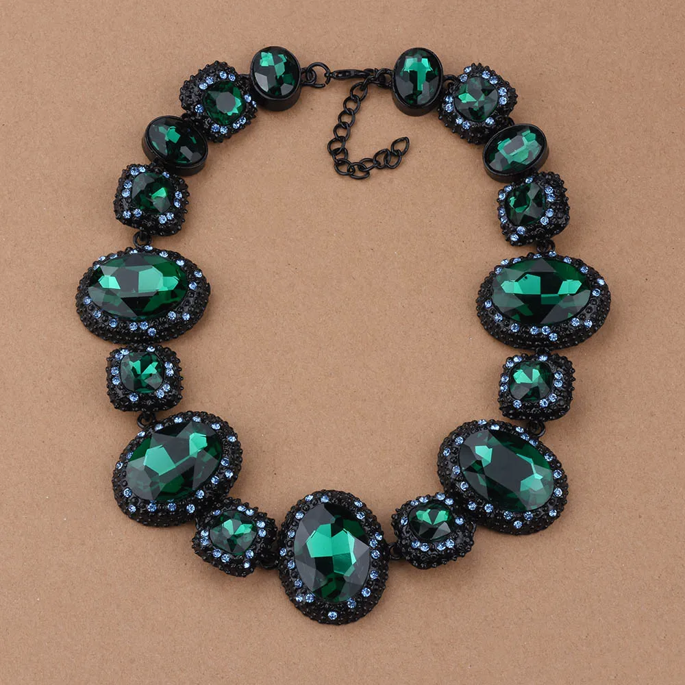 Luxury Green Rhinestone Necklace Bridal Jewelry O Shaped Crystal Retro