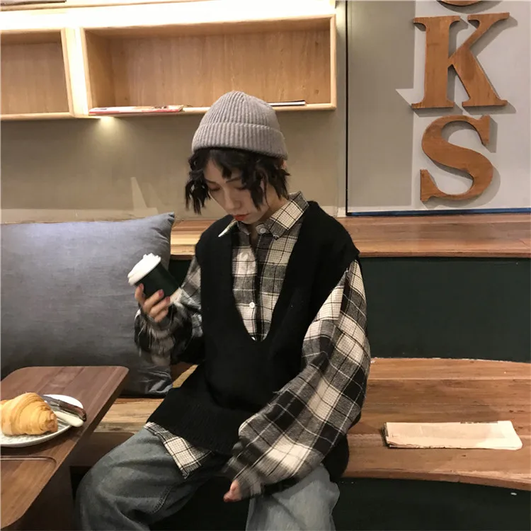 Harajuku Stylw шикарный Однотонный свитер жилет для колледжа для женщин на улице осень/зима ветер v-образным вырезом жилет клетчатая рубашка куртка