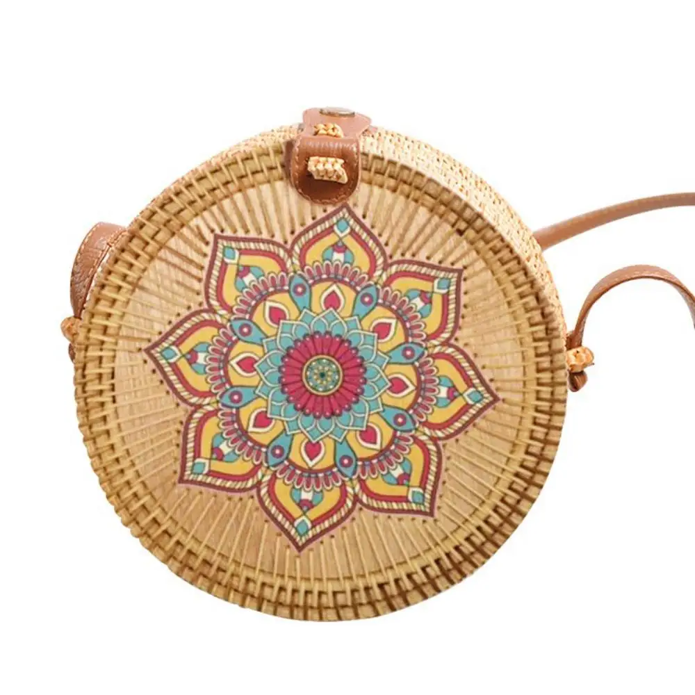 Женская мода красивый цветочный узор печать сумка ручной работы плетёная ротанговая круглые маленькие сумочки-почтальонки - Цвет: B