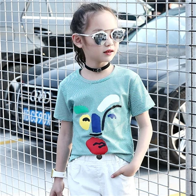 Girls O-Neck Striped T-Shirt Boys Fashion Summer Short Sleeve Shirt Children Unisex Cotton Cartoon Pattern Tops AA51800 - Color: Blue