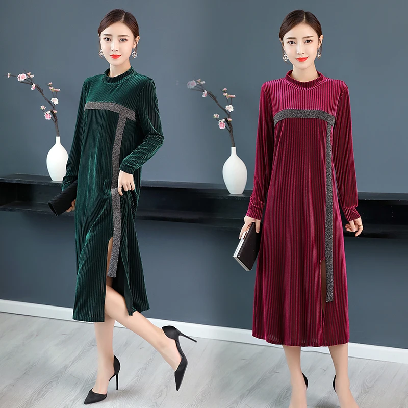 

Large size M-XXXL vrouwen jurk 2019 Autumn fashion new vertical color matching base skirt loose velvet a word skirt