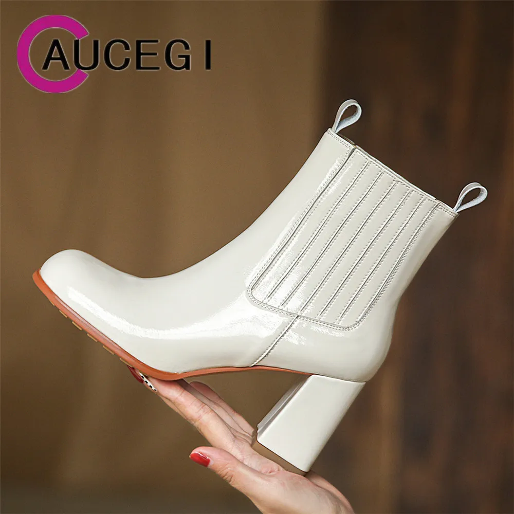 

Aucegi Lovely Genuine Patent Leather High Heels New Autumn Winter Fashion Ankle Boots Retro Round Toe Slip On Ladies Dress Shoes