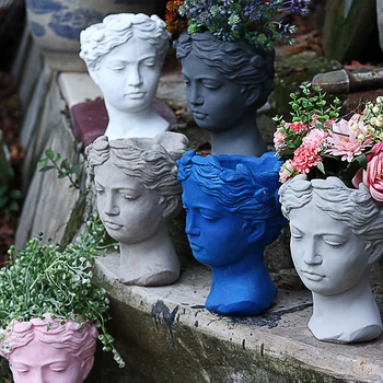 

Home Yard Planter Creative Portrait Retro Head Gypsum Cement Vase Ornament Flower Pot Greek Goddess Statue Craft Decoration Art