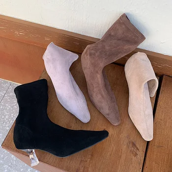 

INS Winter Women Clear Low Heels Folck Sock Boots Purple High Heels Chelsae Boots Designer Yarn Elastic Ankle Boots Party Shoes