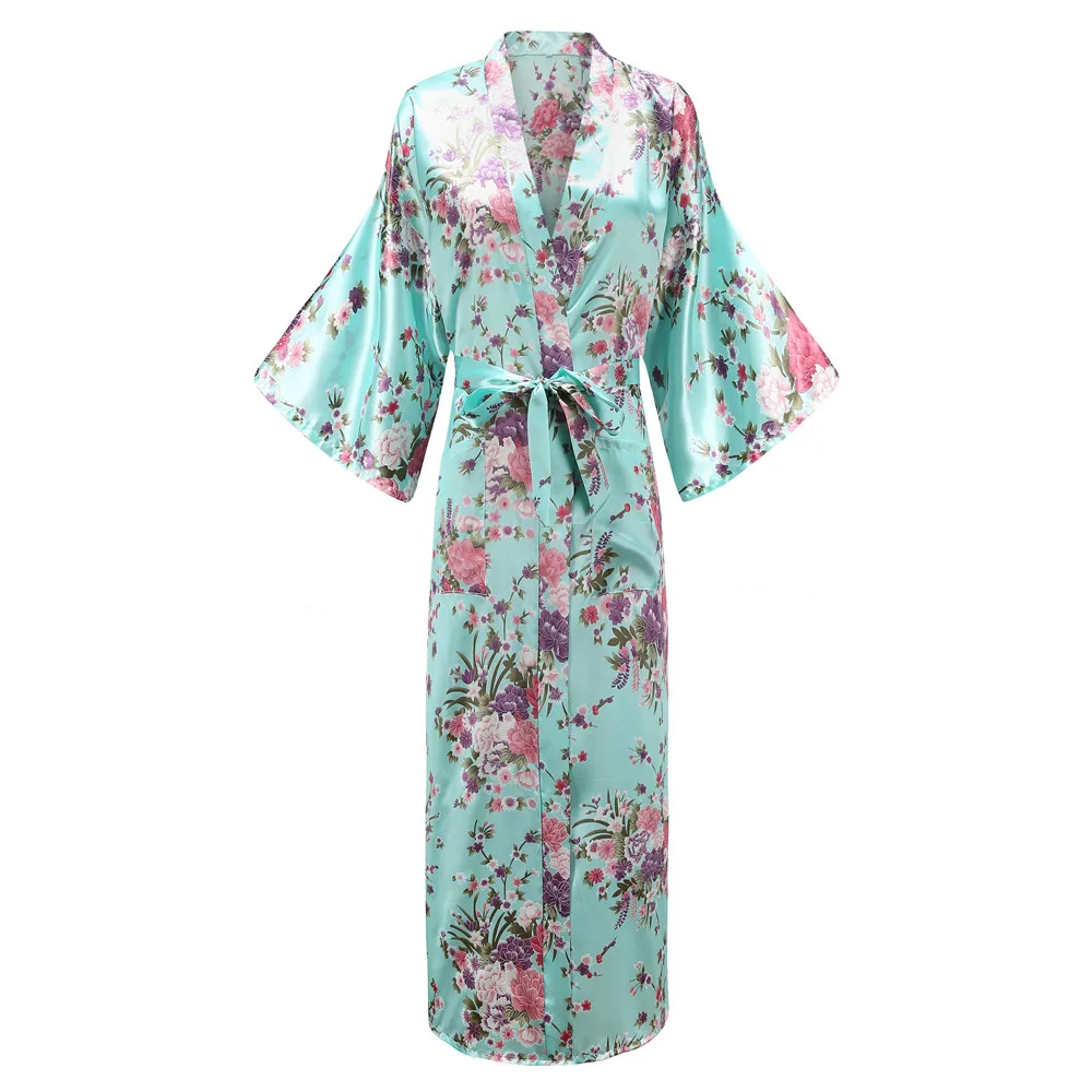 Весенний халат для женщин с поясом кимоно купальный халат атласный длинный халат для сна 3/4 рукав неглиже большой размер 3XL-6XL