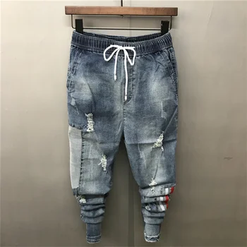 

2018 Spring and Summer Men's Slim Pencil Washed Jeans Patchwork Ripped Hole Blue All Match Lightweight City Fashion Trousers