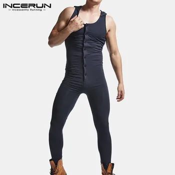 

INCERUN Leisure Solid Bodysuit Jumpsuits Mens Stretch Leotard Sleepwear Tank top Homewear Rompers Men Buttons Onesies Plus Size7
