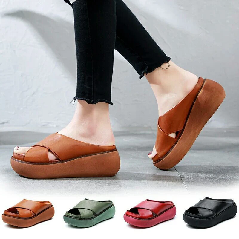 Women Summer Slippers Soft PU Leather Woman Shoes Casual Wedges Cross Retro Ladies Slide Fashion Platform Female Shoes