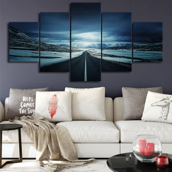 

Canvas Poster Living Room HD Printed Picture 5 Panels Winter Highway Landscape Painting Modular Wall Art Home Decor Framework