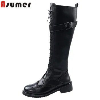 

ASUMER 2020 top quality genuine leather shoes women knee high boots round toe square heels punk shoes woman Knight boots