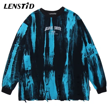 

LENSTID High Street Darkness Creative Graffiti Washed Hole Tie-dyed Pullover Hoodies Harajuku Mens Hipster Hip Hop Sweatshirts