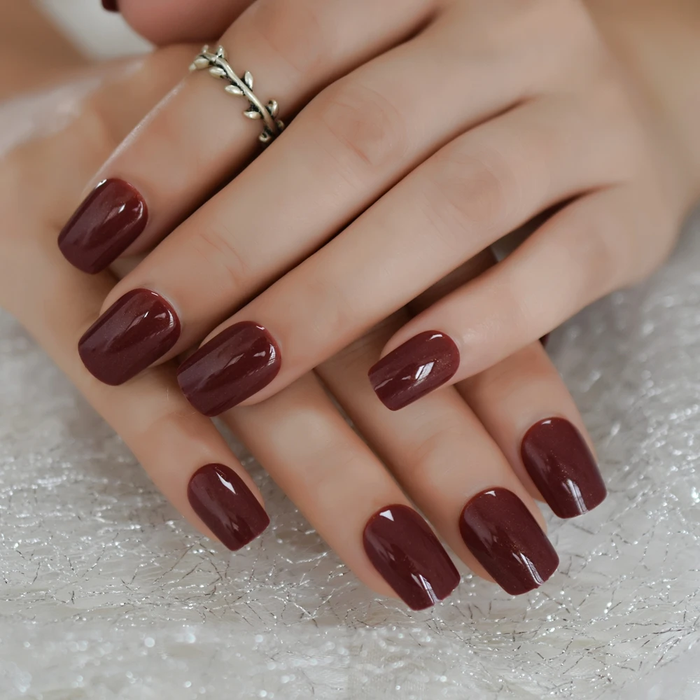 

Super Glossy Fake Nails Glue Tabs in Back Press On Fingernails Square Shape Polish Effect Medium Faux Ongles