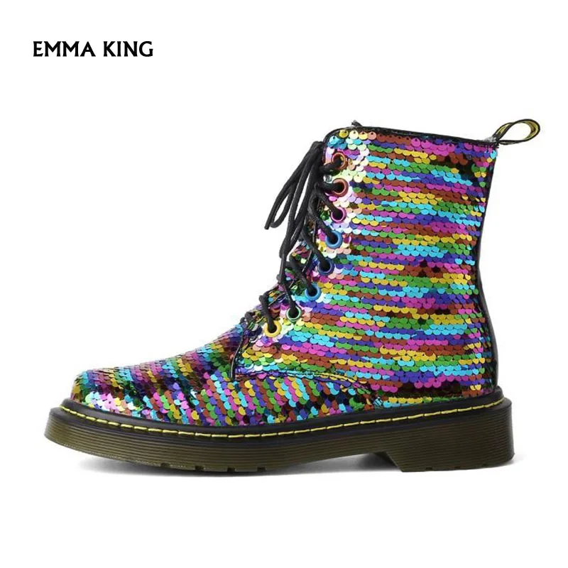 

Autumn New Mixed Colors Sequins Ankle Boots For Women Leather Round Toe lace-up Botines Personality Sexy 2019 Winter Boots Women