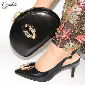 

Excellent Black Spring/Autumn Pointed Toe Shoes And Evening Handbag Set For Party CR892, Heel Height 8CM
