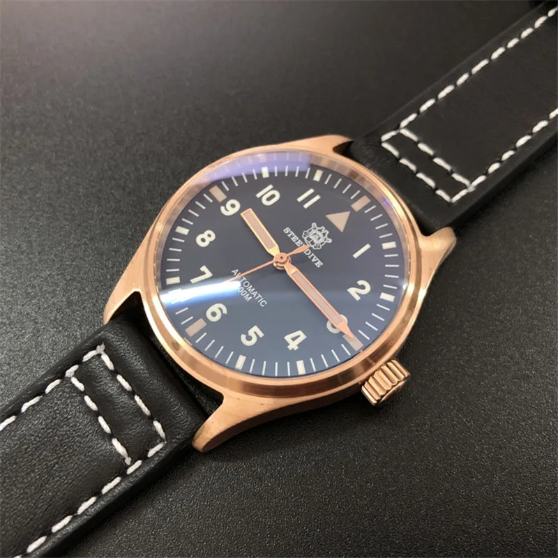 1948 часы летчика CUSN8 бронзовое издание 200 м водонепроницаемые часы для дайвинга C3 Супер Светящиеся мужские военные Подводные механические часы - Color: Black Leather