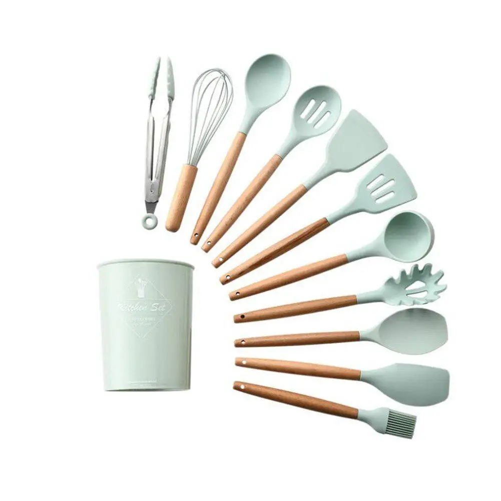 

11Pcs/Set Light Green Color Silicone Kitchenware Set with Wooden Handle 12.5x12.5x33.5cm