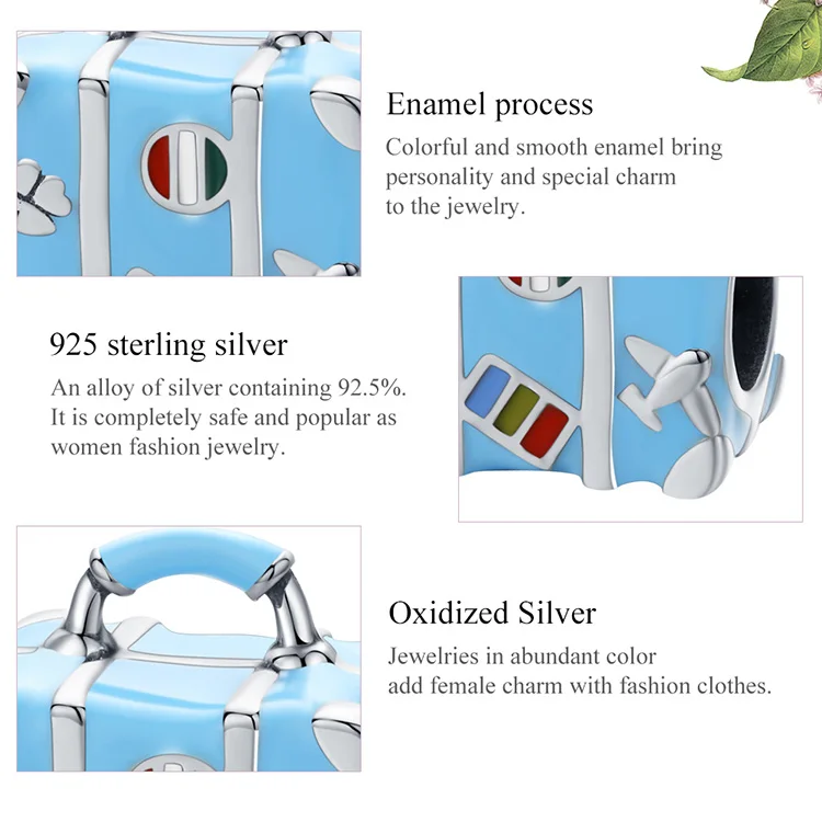 WOSTU New Fashion 925 Sterling Silver Suitcase Luggage Blue Beads Fit Original Bracelet Charm Pendant Jewelry Making FIC1377