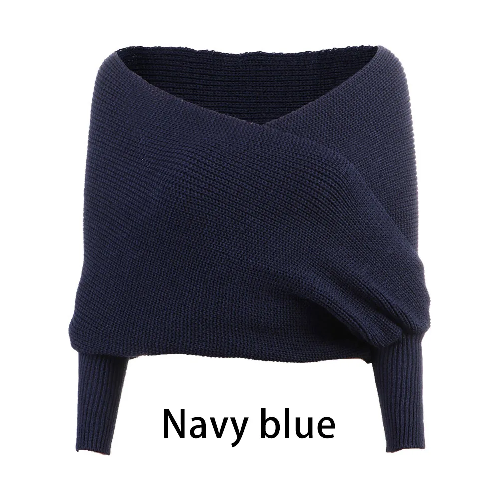 Navy Blue 1 шт., женский свитер, шали, шарф, сексуальный v-образный вырез, вязанный, с открытыми плечами, с длинным рукавом, свободные, большие, шарфы, зимняя теплая одежда - Цвет: Navy Blue