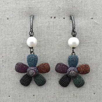 

Freshwater White Pearl Multi Color Zircon Pave Flower Earrings