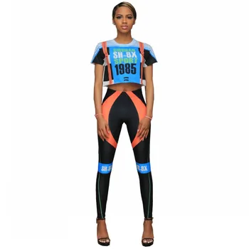 

High Elastic Letter Print Fitness Tracksuit Woman 2 Piece Set Skinny Short Sleeves Crop Top Slim Leggings Sportswear Suit