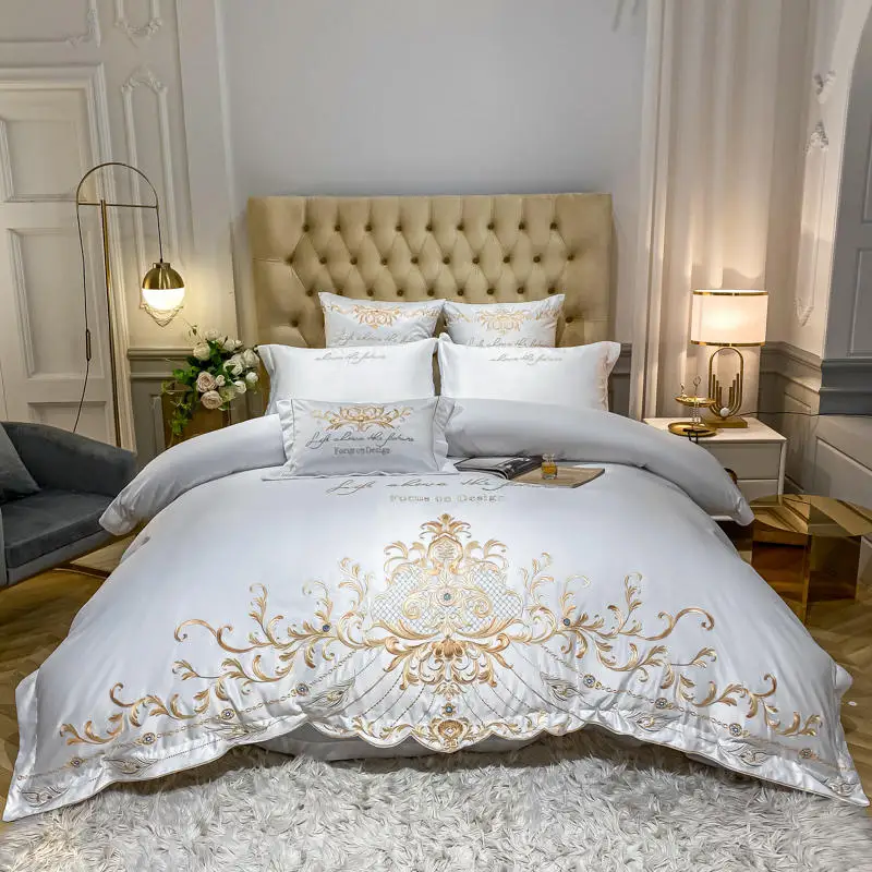 Pure White Washed Silk/cotton Golden Embroidery Princess Wedding Bedding Set Bedspread Duvet