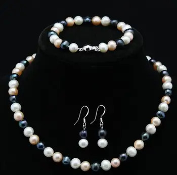 

Natural 8-9mm White Pink Black Freshwater Pearl Necklace Bracelet Earrings Set