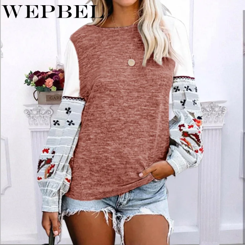

WEPBEL Autumn and Winter Fashion Printing Stitching Loose Sweatshirts Women's Casual Long-Sleeved O-Neck Hollow Out Sweatshirts