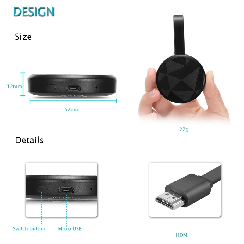 FFYY-Wecast E19 1080P Беспроводная ТВ-карта Hdmi ключ Rk3036 Дисплей приемник Поддержка H.265 Miracast Airplay Dlna черный