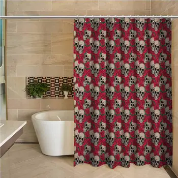 

Rose Professional Shower Curtain Graphic Skulls and Red Rose Blossoms Halloween Inspired Retro Gothic Pattern Decorative