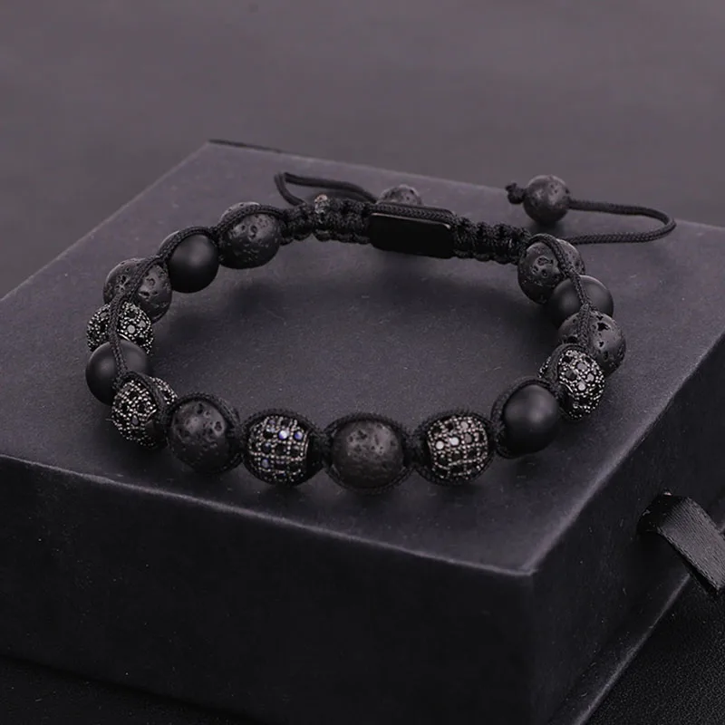 New Arrival Men Bracelet Jewelry 8MM Lava Rock Stone CZ Disc Ball Woven Beads Wrap Bracelets For Men - Image 4